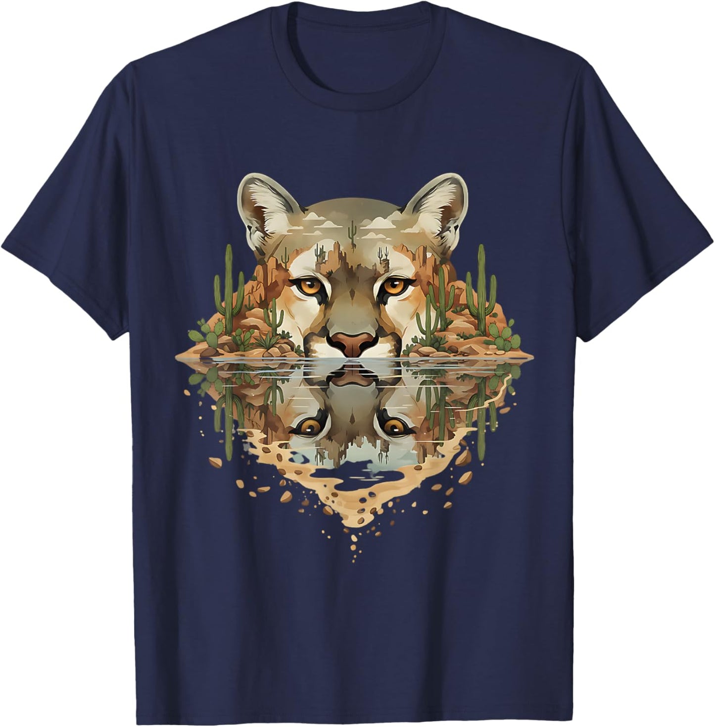 Powerful Cougar Desert Reflection Wildlife Depth Nature Art T-Shirt - T-Shirt | Navy