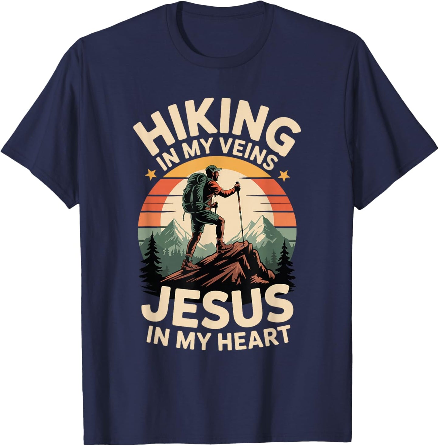 Hiking in My Veins Jesus in My Heart Faith Outdoors T-Shirt - T-Shirt | Navy