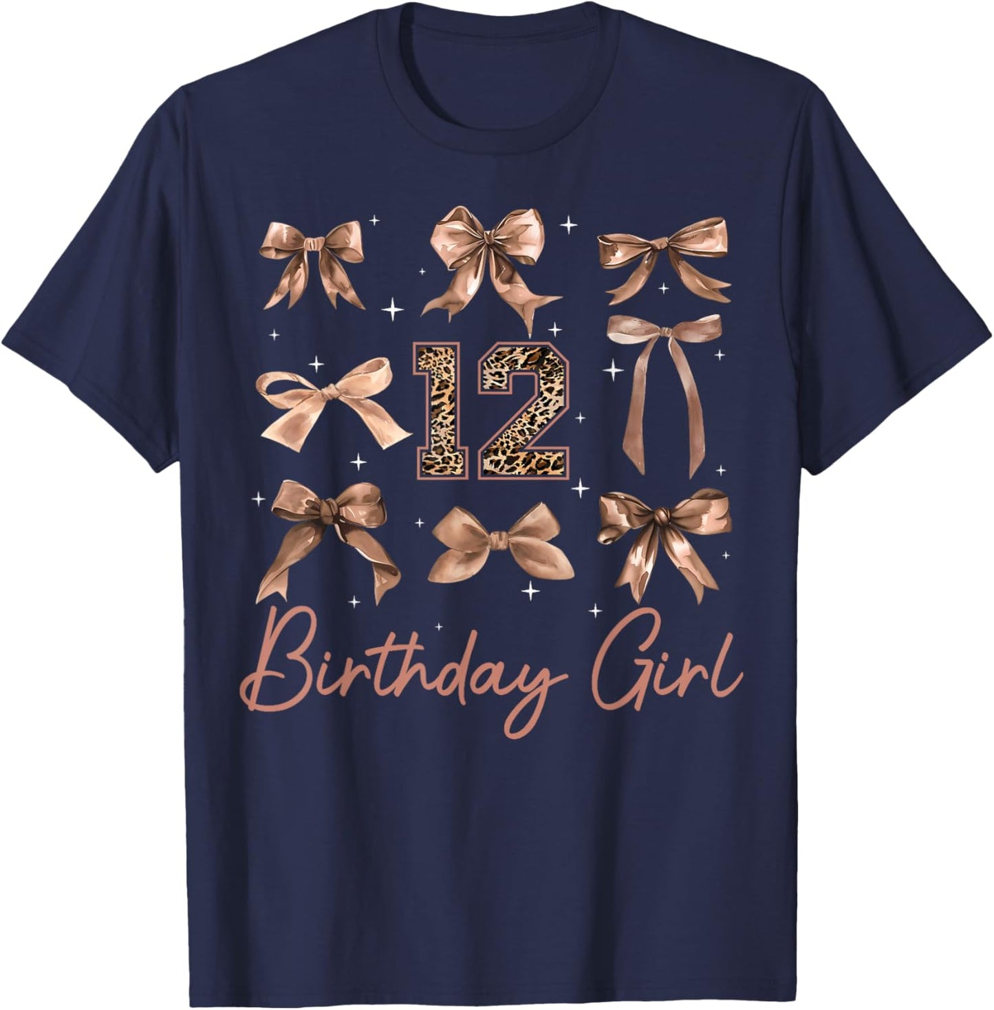 12th Birthday Girl Coquette Bow Leopard 12 Year Old Girls T-Shirt - T-Shirt | Navy