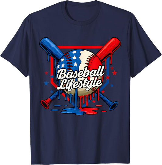 Baseball Drip American Flag for Boys Kids Youth 4th of July T-Shirt - T-Shirt | Navy