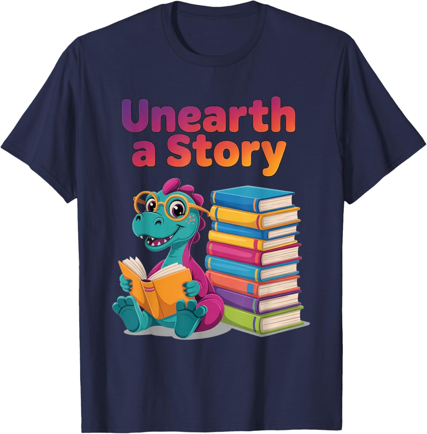 Unearth A Story : Cute Reading Dinosaur T-Shirt - T-Shirt | Navy