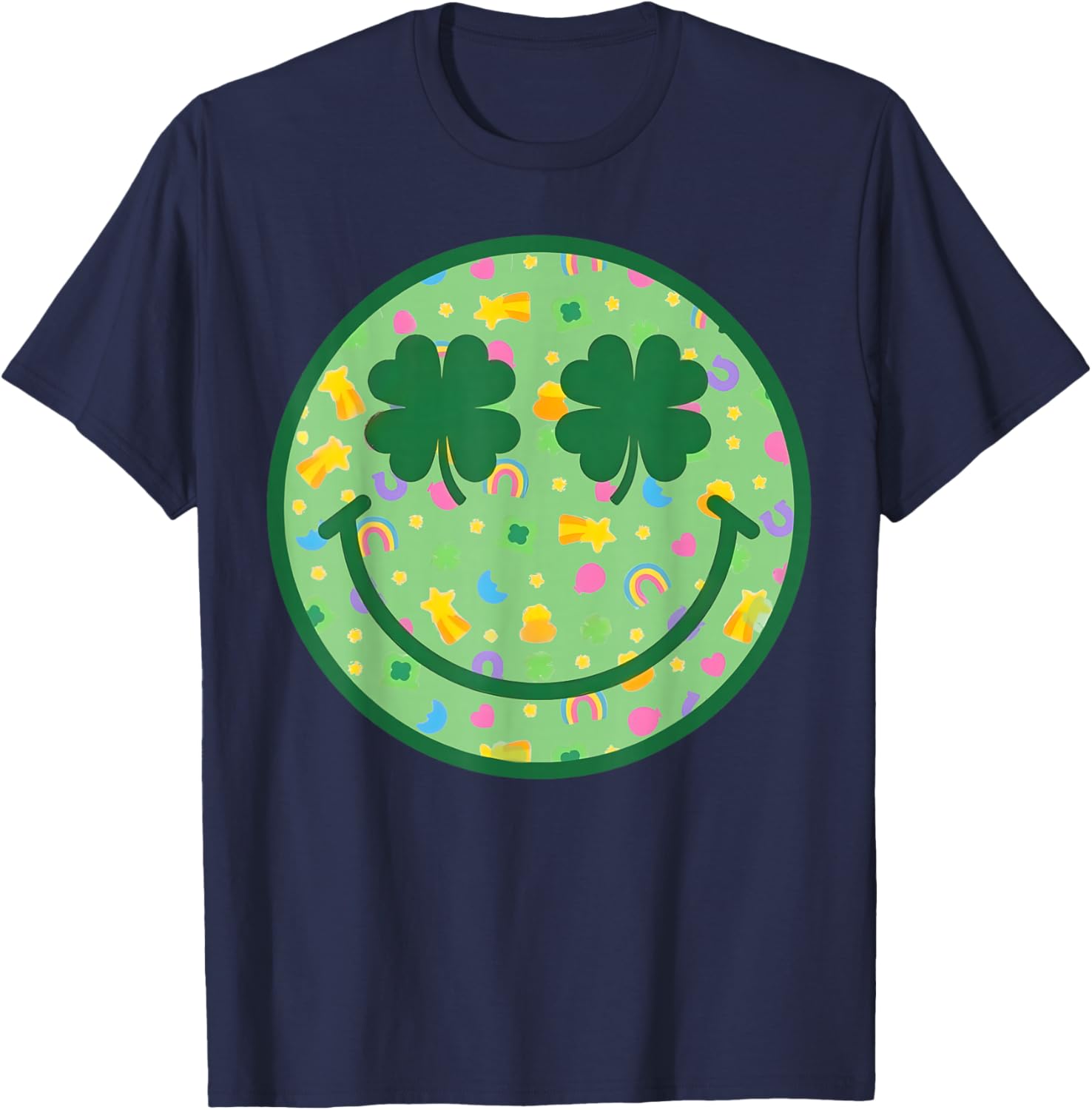 Groovy Shamrock Smile Face St Patricks Day Men Kids Funny T-Shirt - T-Shirt | Navy