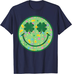 Groovy Shamrock Smile Face St Patricks Day Men Kids Funny T-Shirt - T-Shirt | Navy