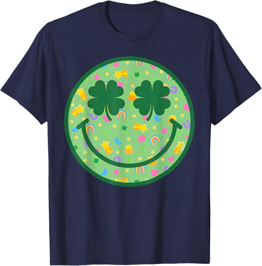 Groovy Shamrock Smile Face St Patricks Day Men Kids Funny T-Shirt - T-Shirt | Navy