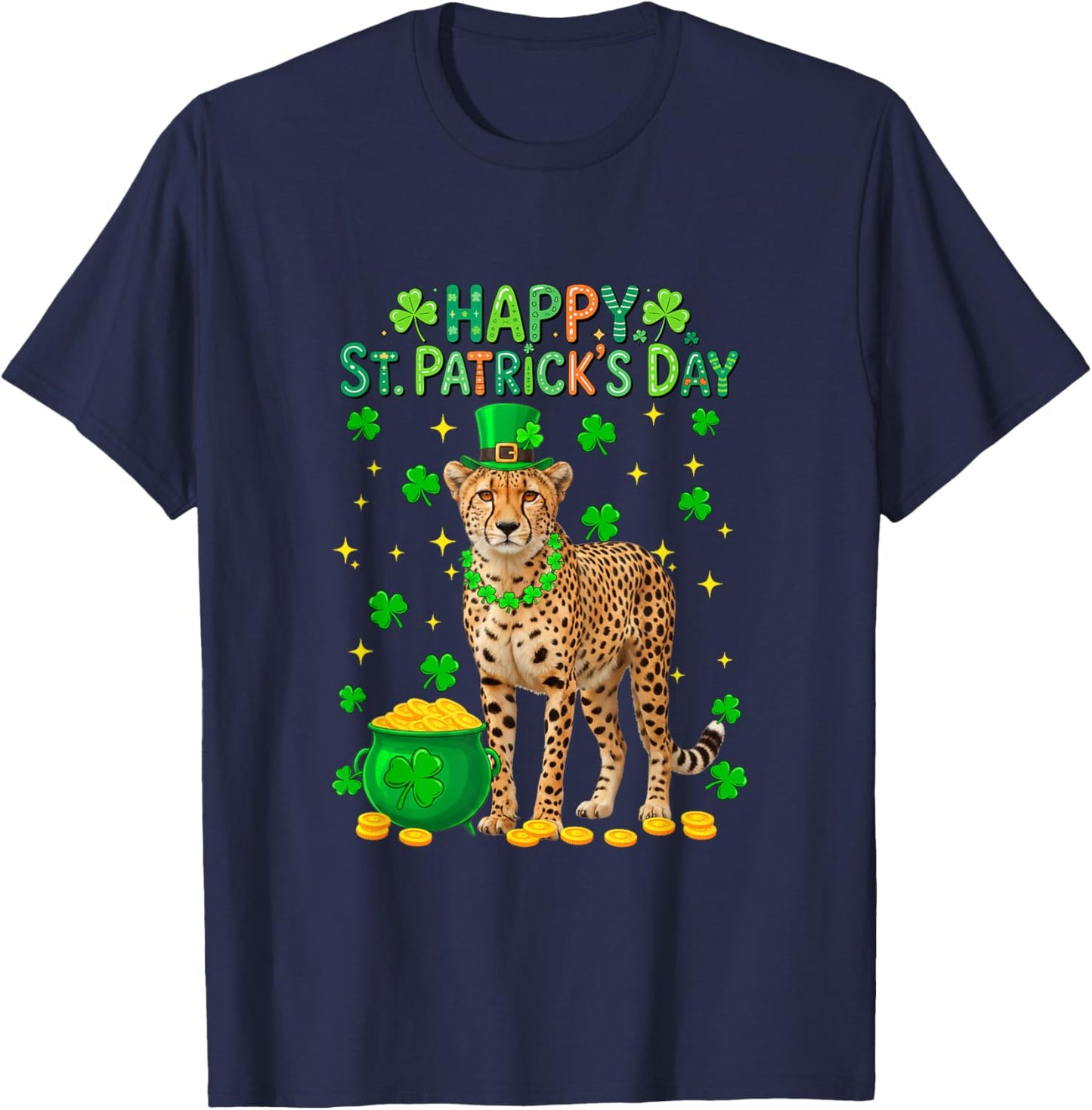 Happy St. Patrick's Day Cheetah Shamrocks Coins Lover Kids T-Shirt - T-Shirt | Navy
