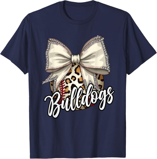 Bulldogs Baseball Mom Leopard Print Coquette Bow Mascot T-Shirt - T-Shirt | Navy