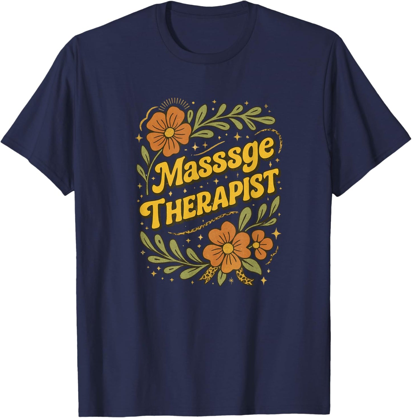 Massage Therapist Retro Floral Botanical Graphic T-Shirt - T-Shirt | Navy