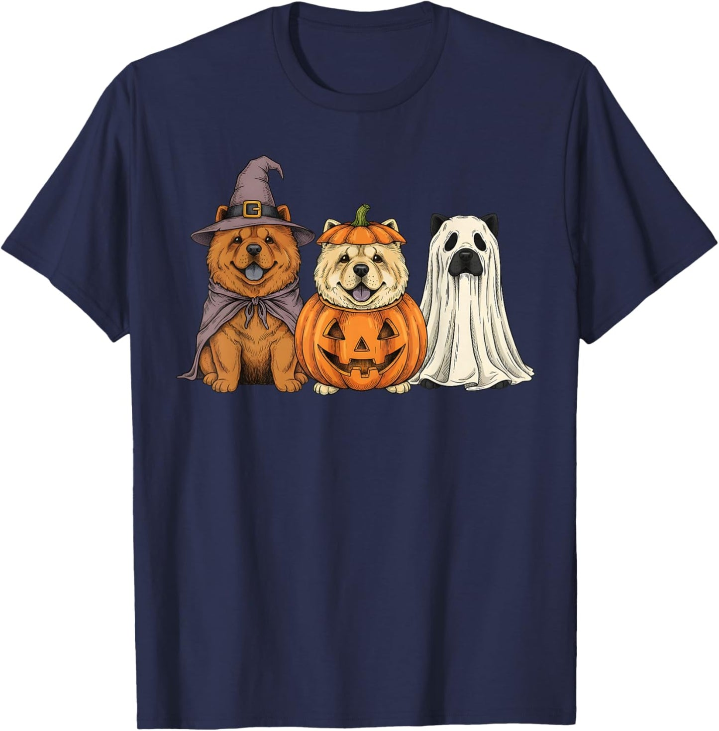 Spooky Ghost Chow Chow Pumpkin Halloween Dog Lover T-Shirt - T-Shirt | Navy