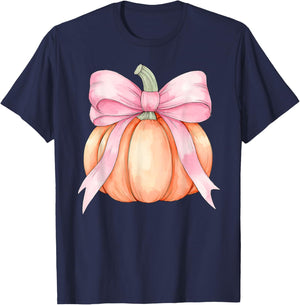 Retro Pumpkin Coquette Pink Bow Halloween Autumn Fall Season T-Shirt - T-Shirt | Navy