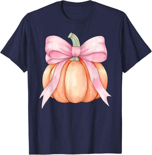 Retro Pumpkin Coquette Pink Bow Halloween Autumn Fall Season T-Shirt - T-Shirt | Navy