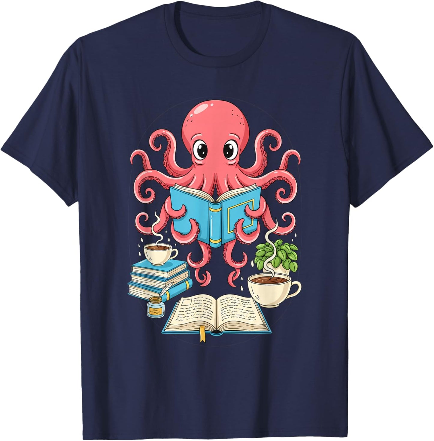 Bookish Octopus Reading Books and Coffee Literary Lover Art T-Shirt - T-Shirt | Navy