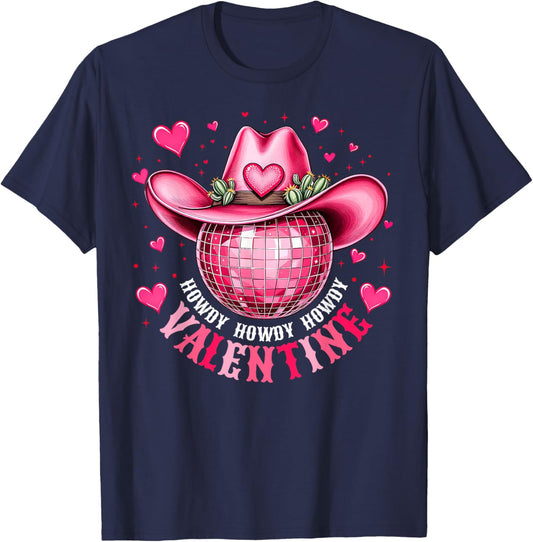 Howdy Valentine Disco Cowboy Hat Western Valentine’s Day T-Shirt - T-Shirt | Navy