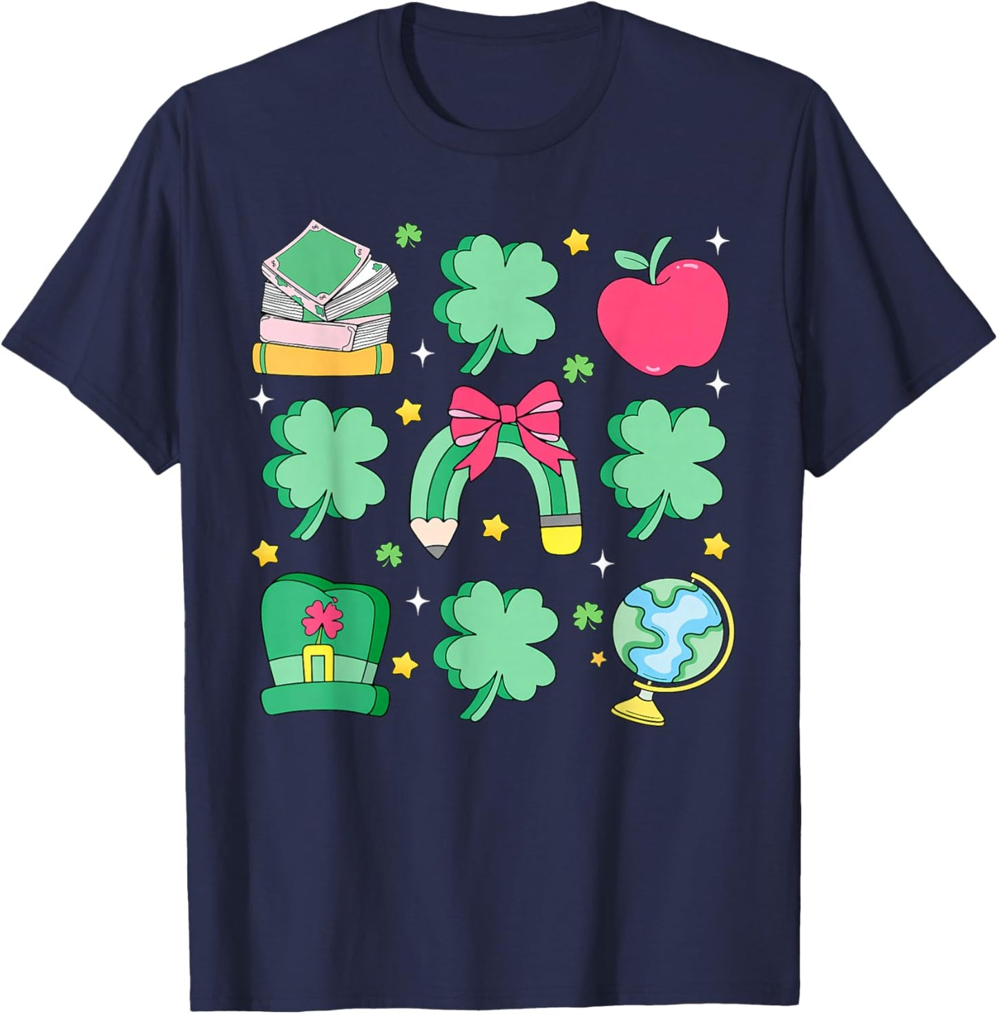 St Patrick's Day Lucky Teacher Shamrock Coquette Bow Pencil T-Shirt - T-Shirt | Navy