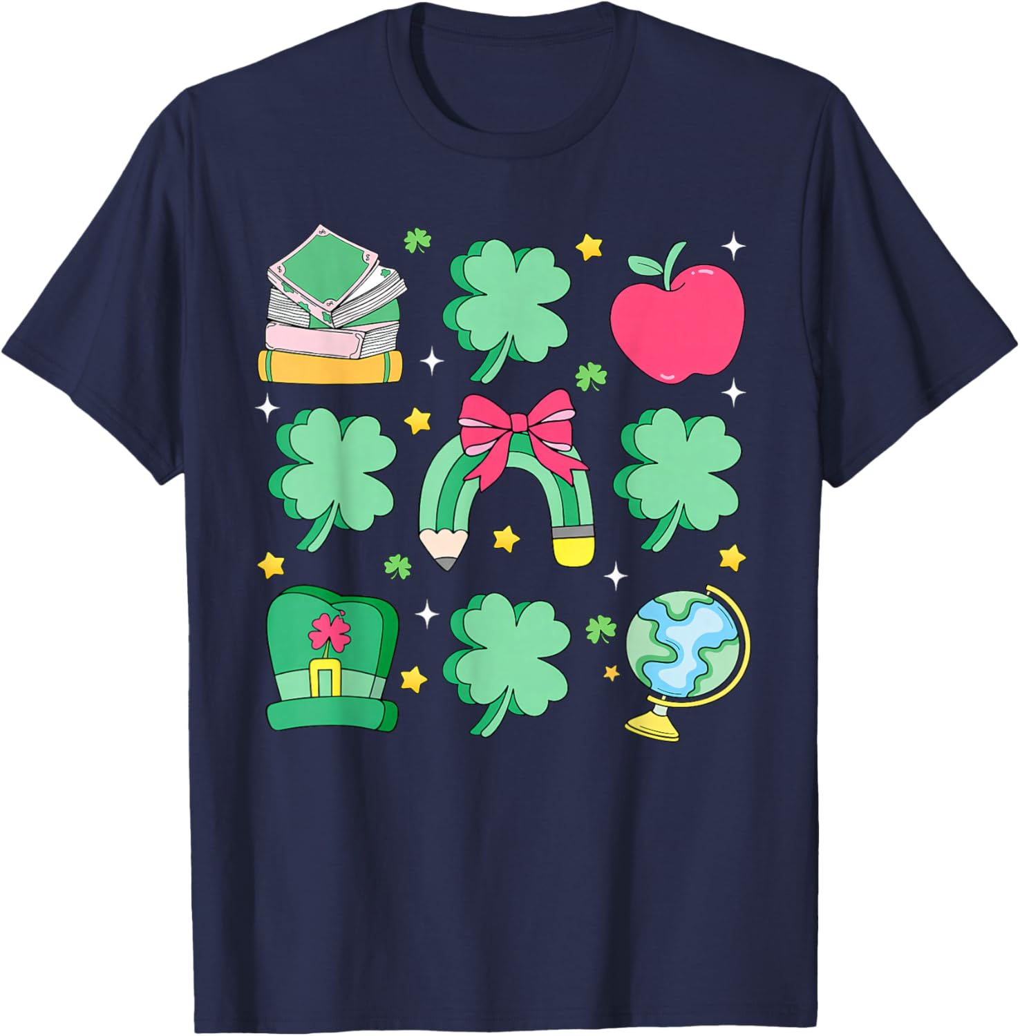 St Patrick's Day Lucky Teacher Shamrock Coquette Bow Pencil T-Shirt - T-Shirt | Navy