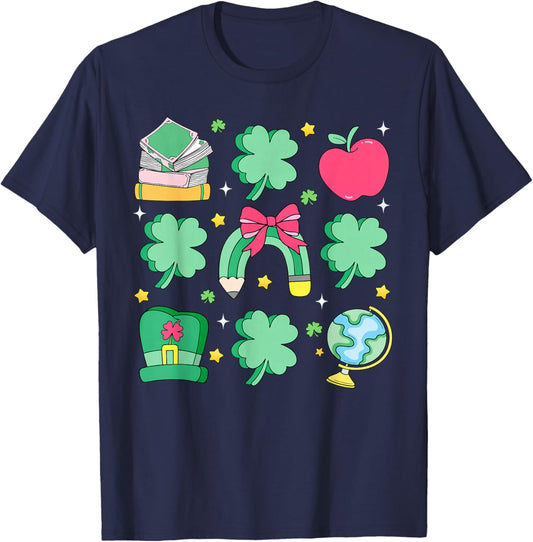St Patrick's Day Lucky Teacher Shamrock Coquette Bow Pencil T-Shirt - T-Shirt | Navy