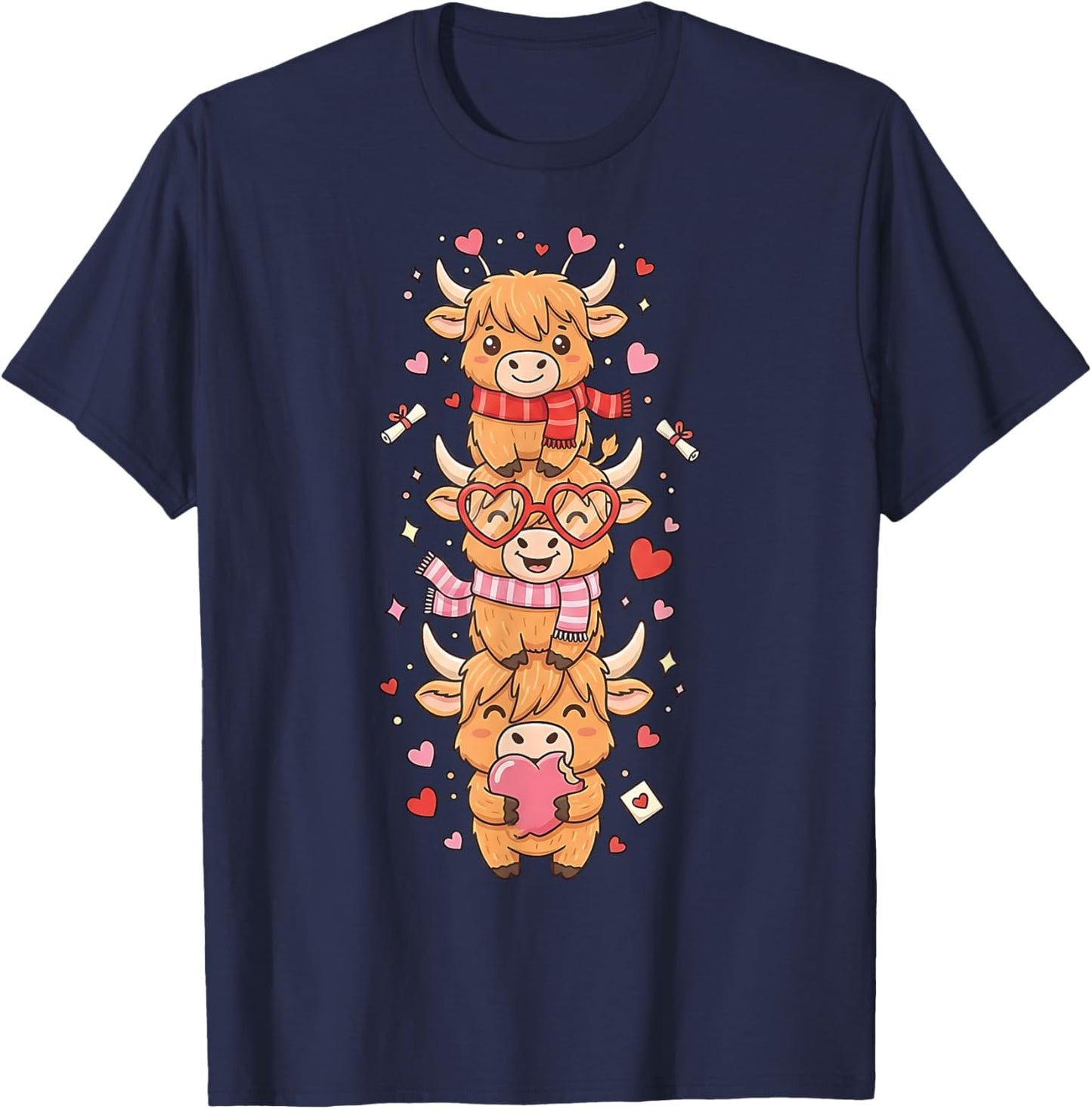 Cute Western Valentine Highland Cows with Hearts T-Shirt - T-Shirt | Navy