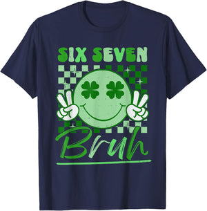 St Patricks Day Six Seven Bruh Smile Face 6 7 Meme Girls Kid T-Shirt - T-Shirt | Navy