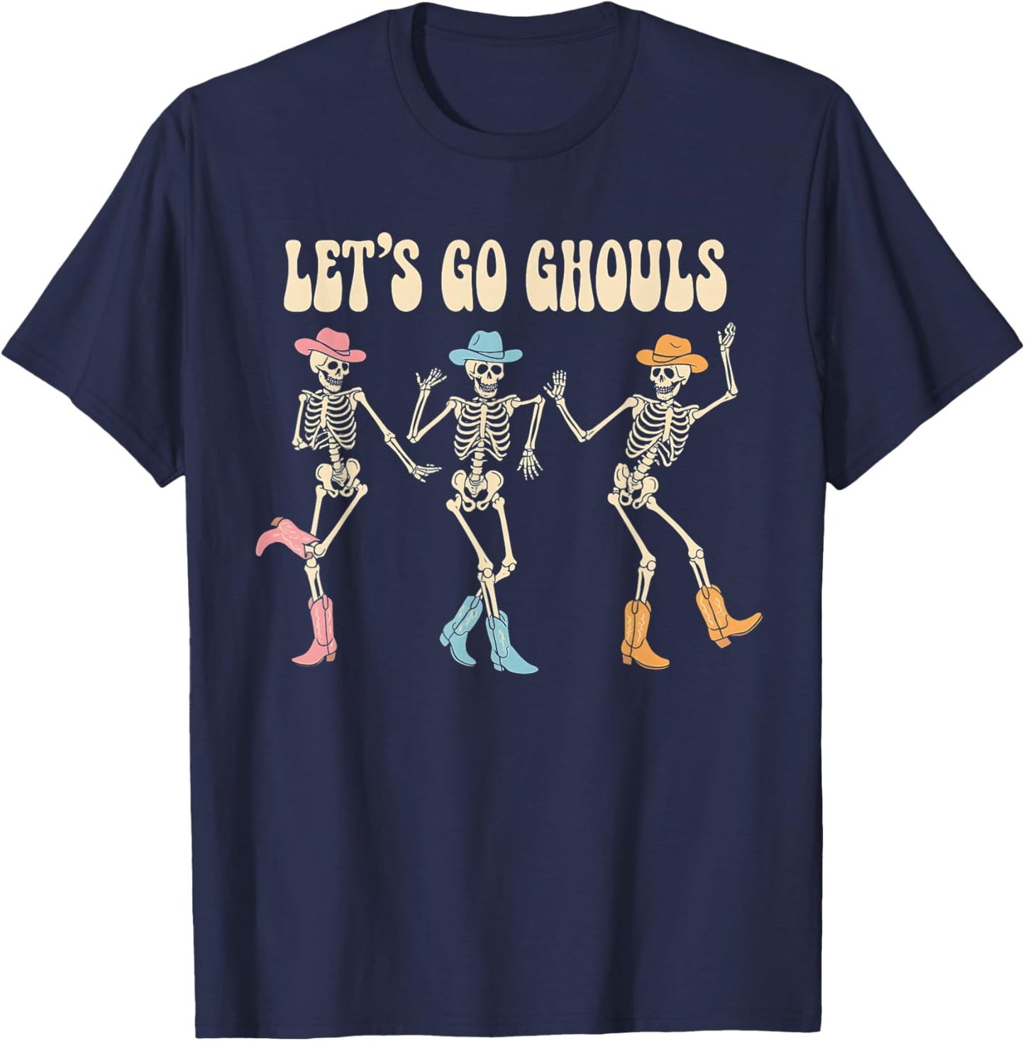 Let's Go Ghouls Women Halloween Dancing Skeleton Ghost T-Shirt - T-Shirt | Navy