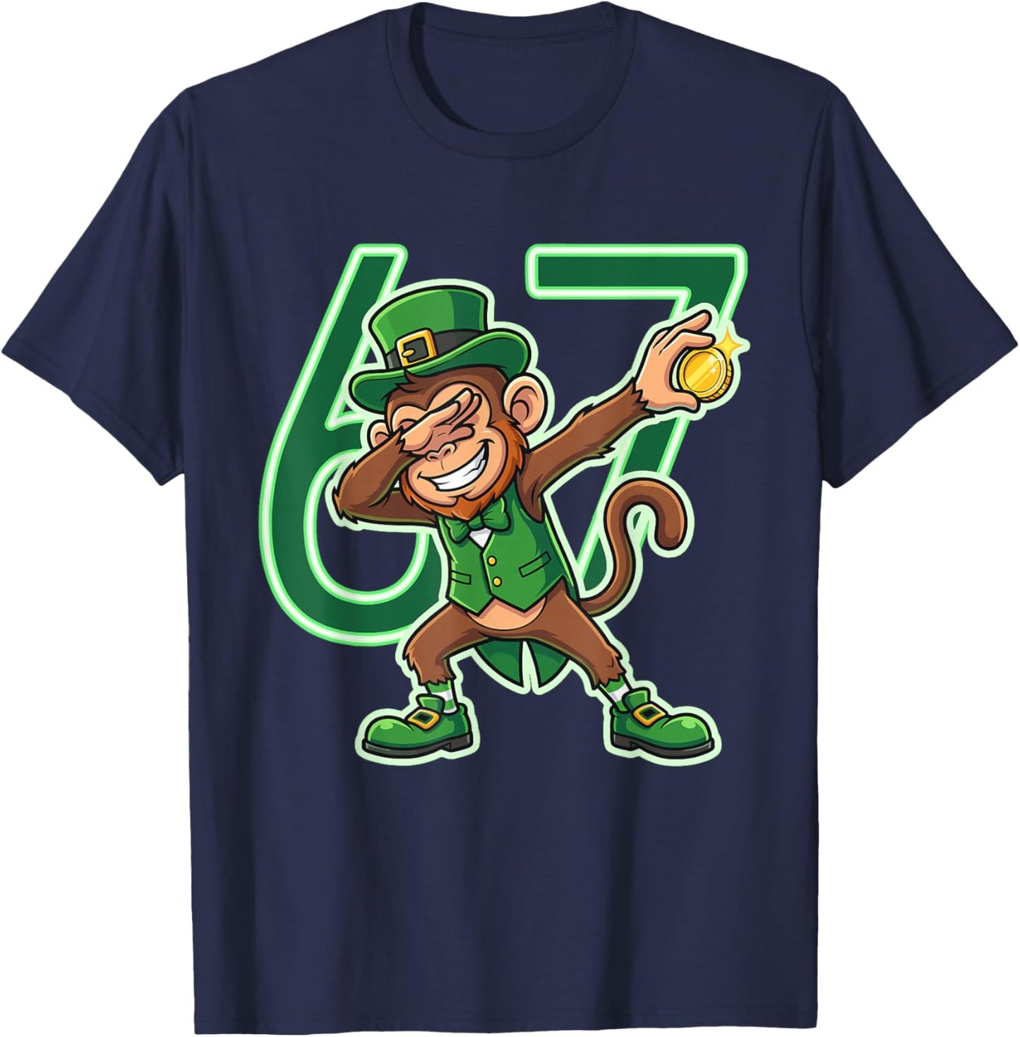 Leprechaun 6 7 Dabbing Monkey St. Patrick's Day 67 Green T-Shirt - T-Shirt | Navy