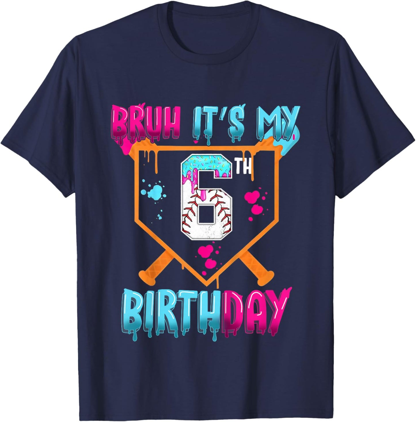 Kids Baseball Drip Bruh It's My 6th Birthday Boy Ice Cream Drip T-Shirt - T-Shirt | Navy