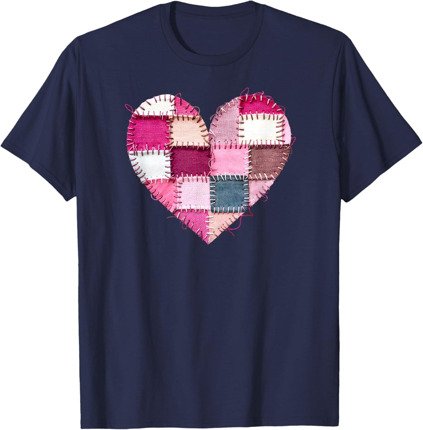 Valentine’s Day Faux Quilt Patchwork Heart T-Shirt - T-Shirt | Navy