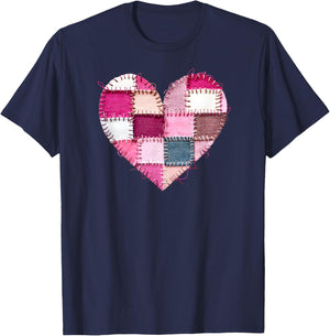 Valentine’s Day Faux Quilt Patchwork Heart T-Shirt - T-Shirt | Navy