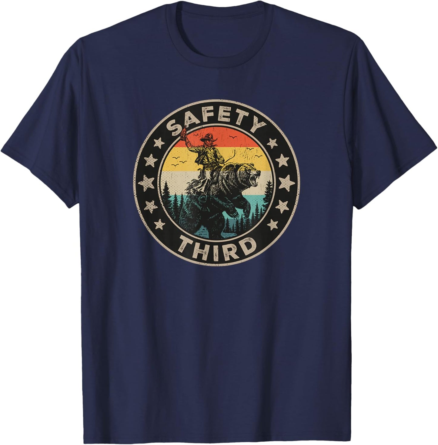 Safety Third Funny Cowboy Riding Bear Retro Sarcastic Safety T-Shirt - T-Shirt | Navy