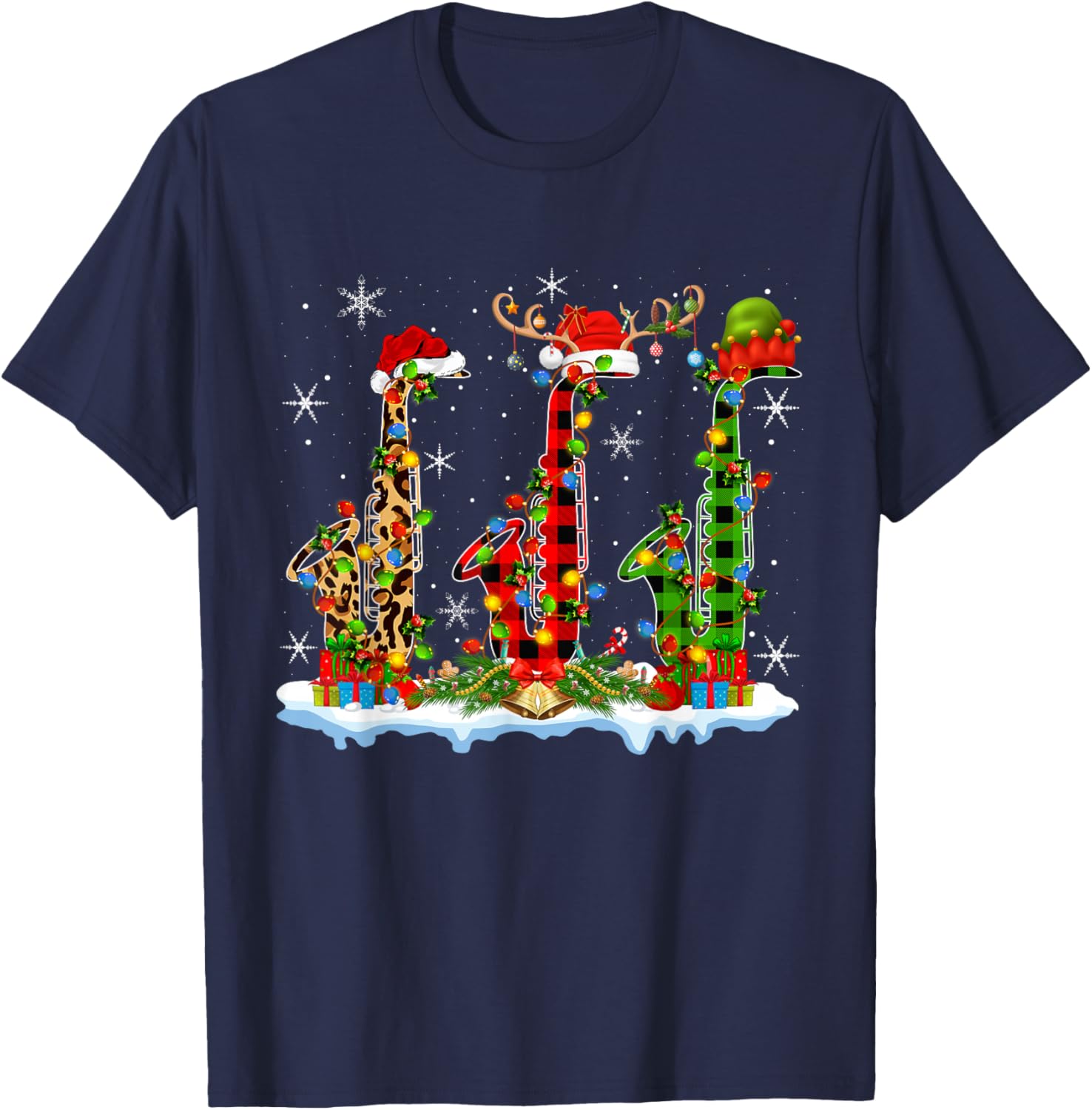 Saxophone Christmas Lights Marching Band Saxophone Jazz Xmas T-Shirt - T-Shirt | Navy