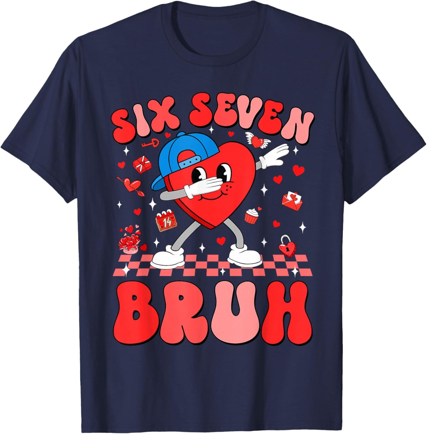 Valentines Day Six Seven Bruh 6 7 Meme Dab Heart Boys Kids T-Shirt - T-Shirt | Navy