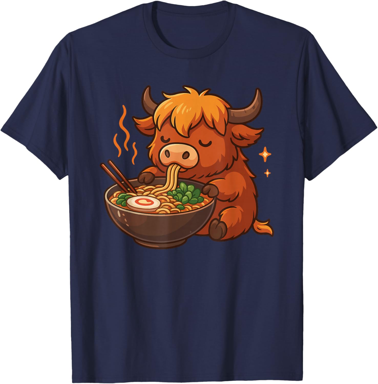 Higland Cow with Noodles Ramen Kawaii Cow T-Shirt - T-Shirt | Navy