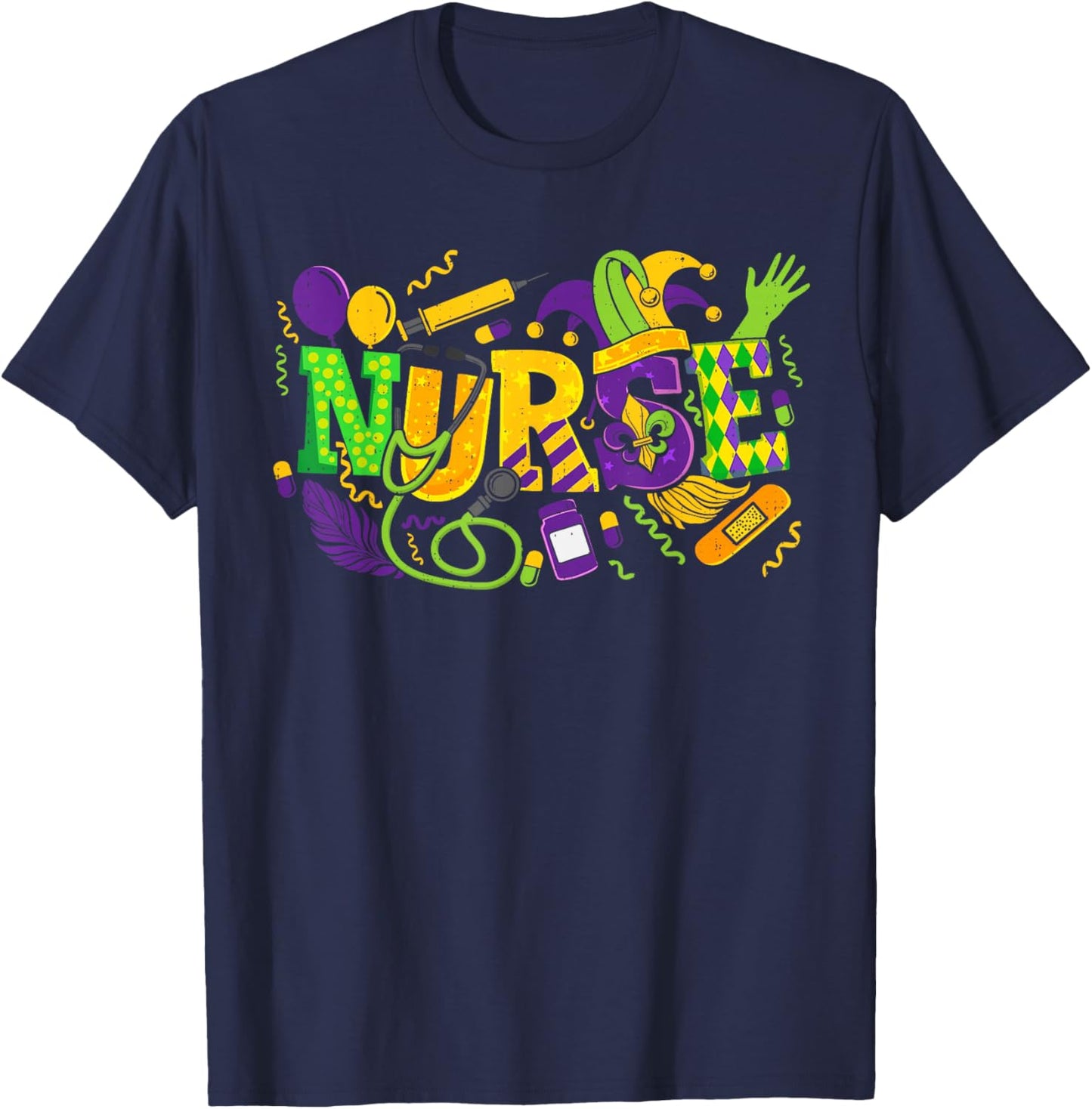 Mardi Gras Nurse Carnival Beads Medical Healthcare T-Shirt - T-Shirt | Navy