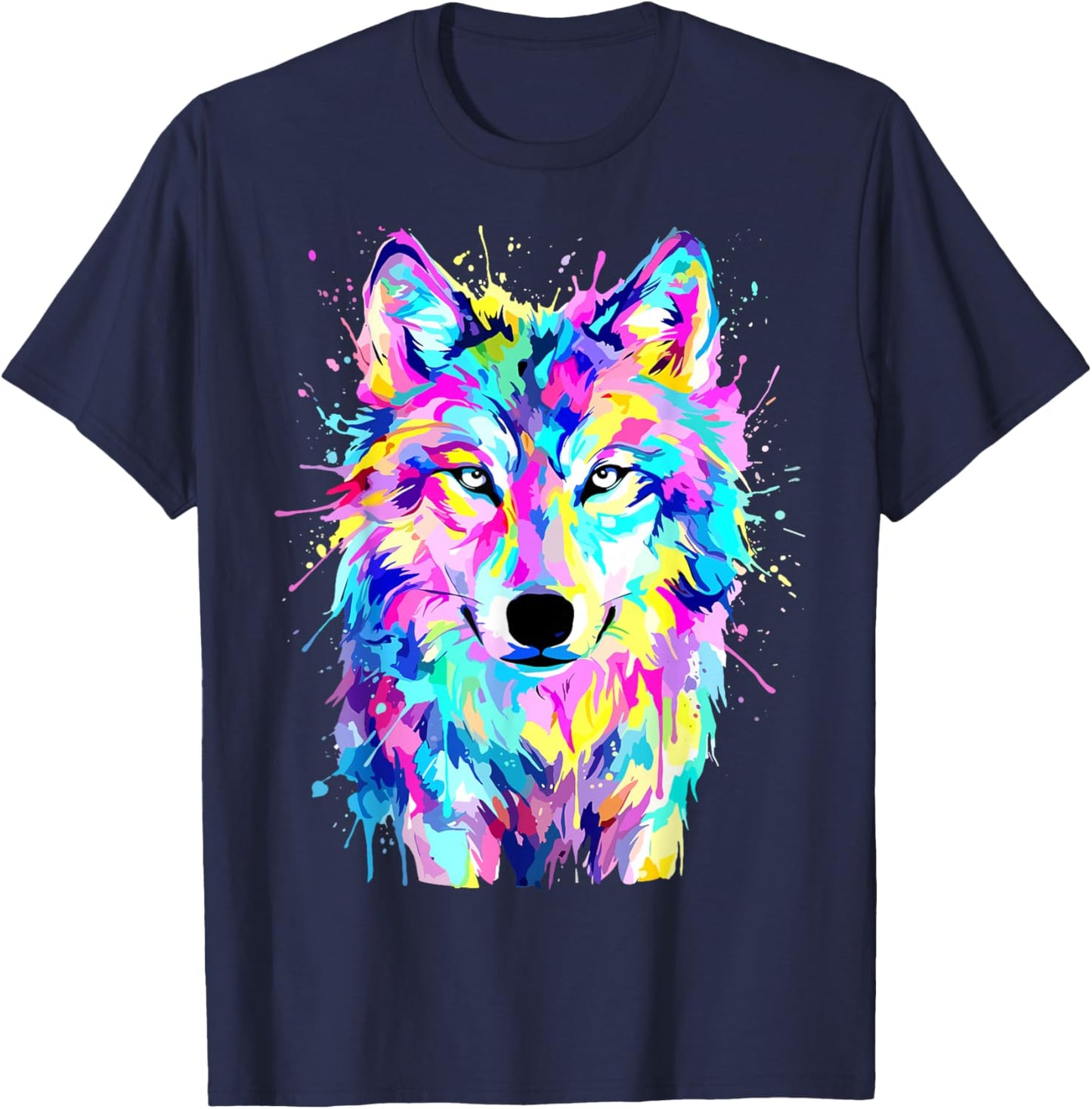 Colorful Wolf Splash Art Wildlife Animal T-Shirt - T-Shirt | Navy