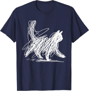 Scribble Cat Minimal Line Art Japanese T-Shirt - T-Shirt | Navy