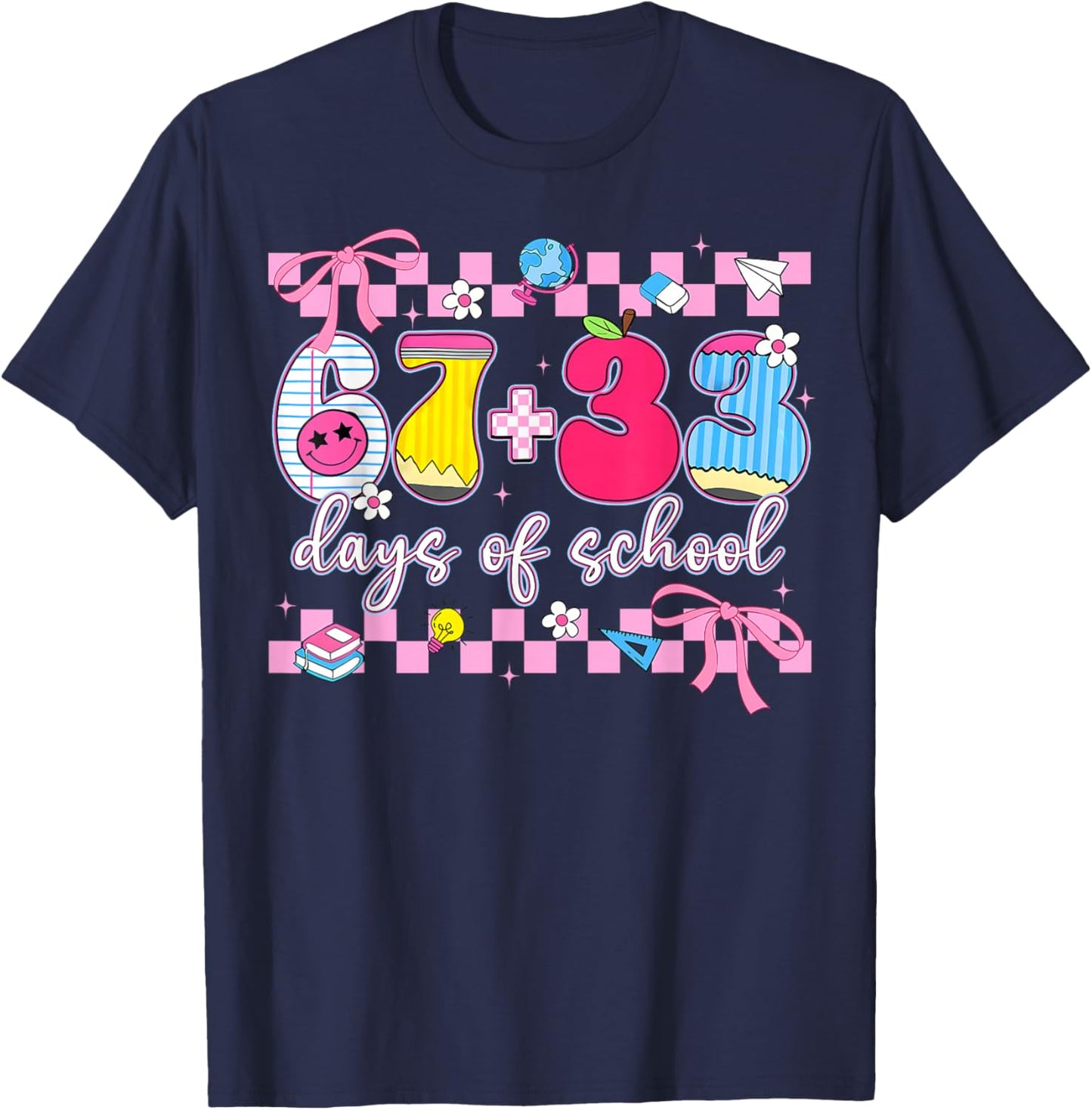 67 33 Days of School 100th Day Coquette Bow Girls T-Shirt - T-Shirt | Navy