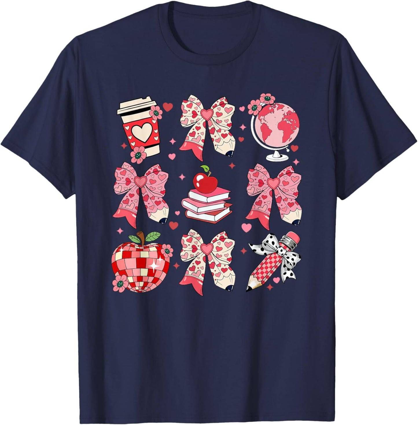 Coquette Bow Leopard Hearts Valentine Day Women Girl Girly T-Shirt - T-Shirt | Navy