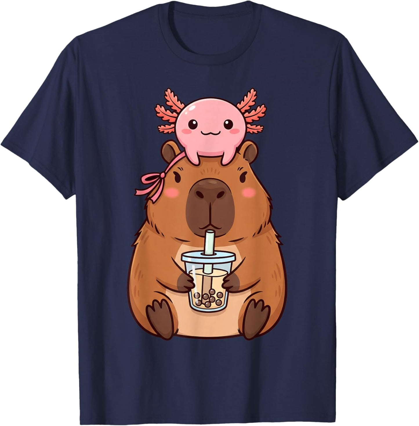 Cute Capybara Drinking Boba Tea Kawaii Axolotl Bubble Tea T-Shirt - T-Shirt | Navy