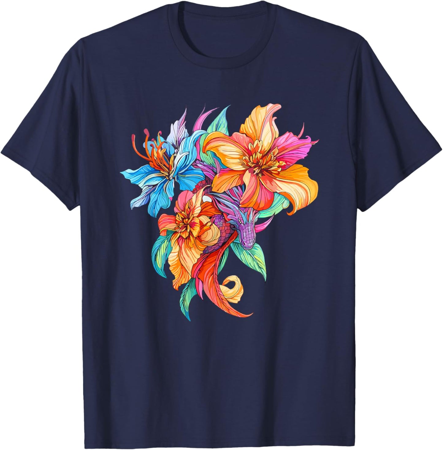 Colorful Dragon with Bright Fantasy Flowers T-Shirt - T-Shirt | Navy
