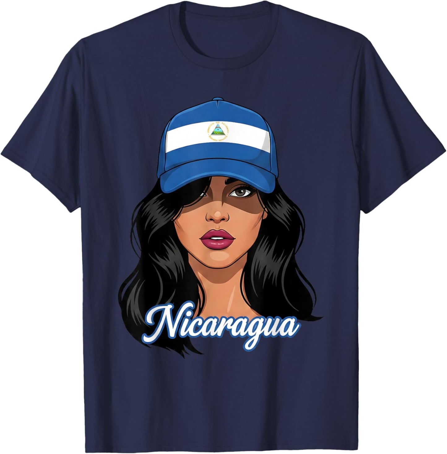 Nicaraguan Woman Girl Wearing Nicaragua Flag Baseball Cap T-Shirt - T-Shirt | Navy
