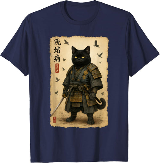 Black Cat Samurai Art Japanese Vintage T-Shirt - T-Shirt | Navy