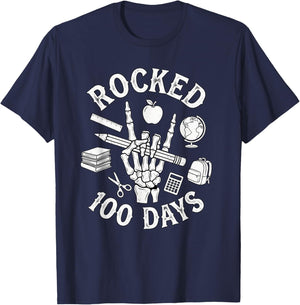 Rocked 100 Days of School Skeleton Hand Student Teacher Fun T-Shirt - T-Shirt | Navy