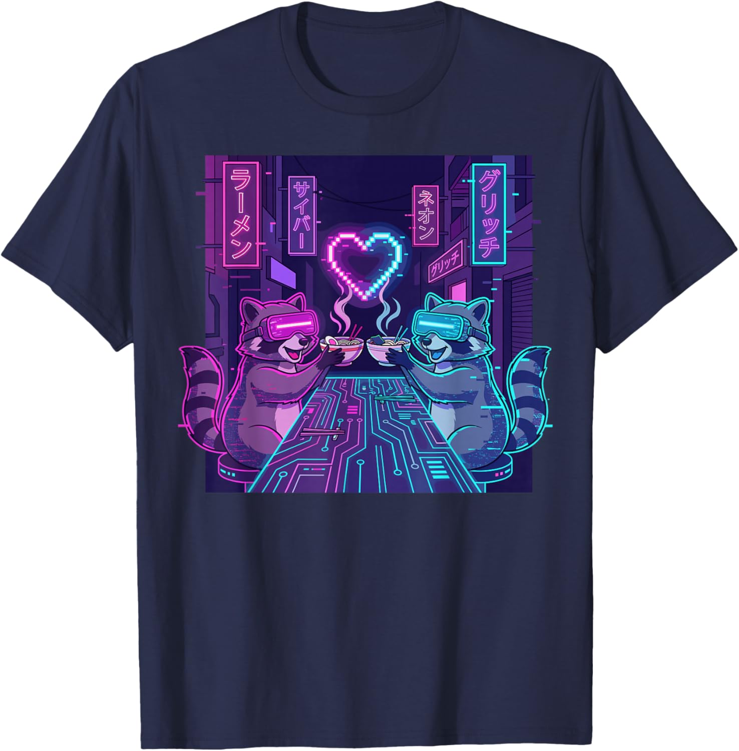 Cyberpunk Raccoon Ramen Valentines Day T-Shirt - T-Shirt | Navy
