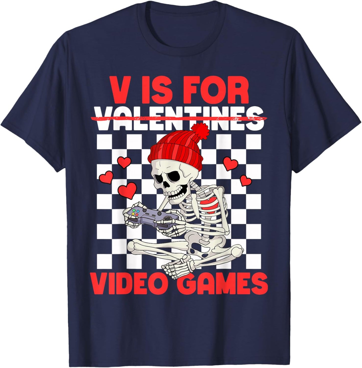V is for Video Games Funny Boys Valentines Skeleton Gamer T-Shirt - T-Shirt | Navy