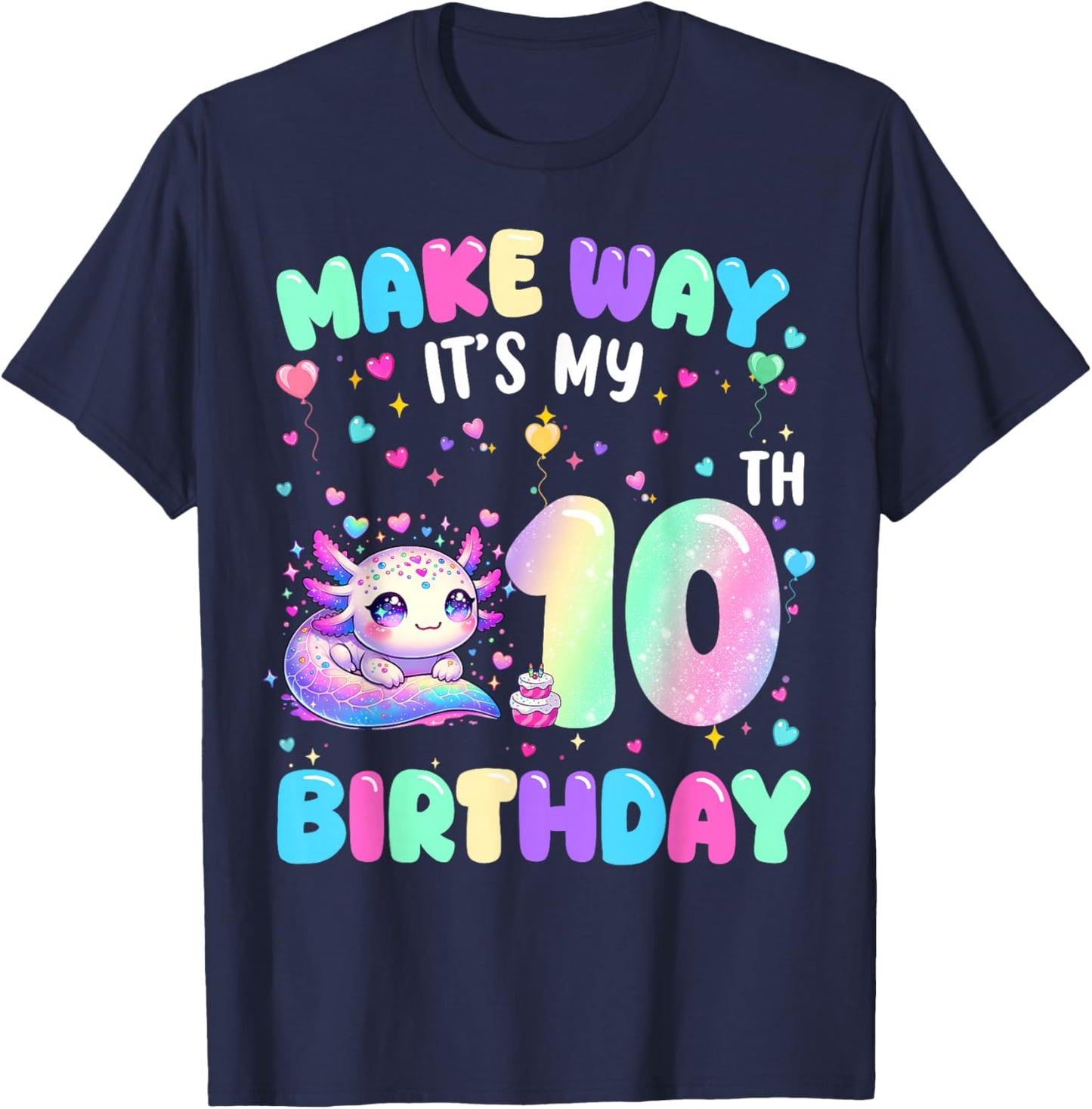 It's My 10th Birthday Girl Cute Axolotl 10 Year Old Kids T-Shirt - T-Shirt | Navy