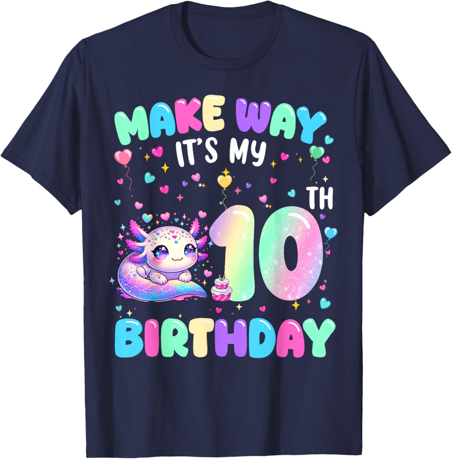 It's My 10th Birthday Girl Cute Axolotl 10 Year Old Kids T-Shirt - T-Shirt | Navy
