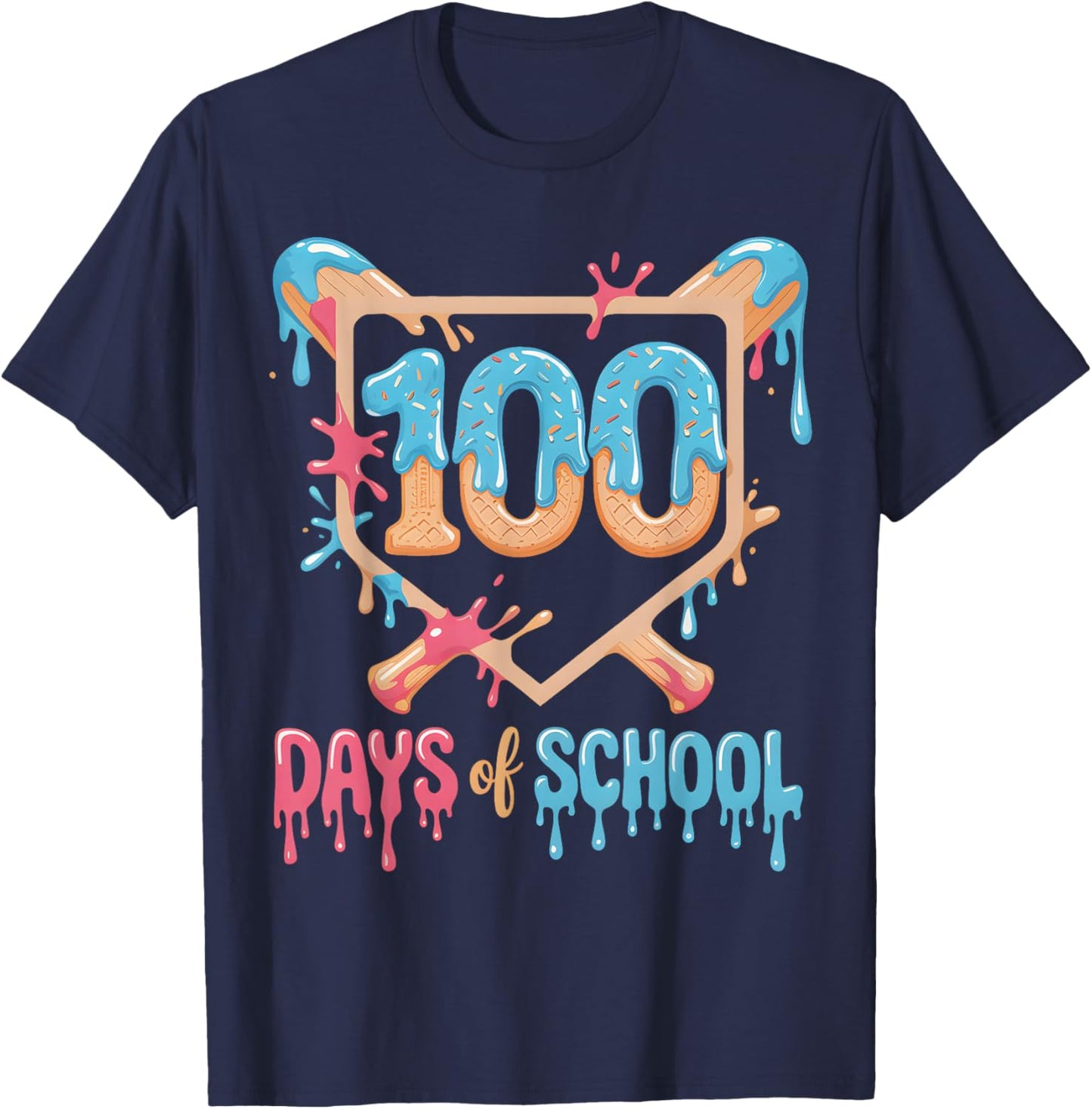 100 Days of School Baseball Drip 100 Days of School T-Shirt - T-Shirt | Navy