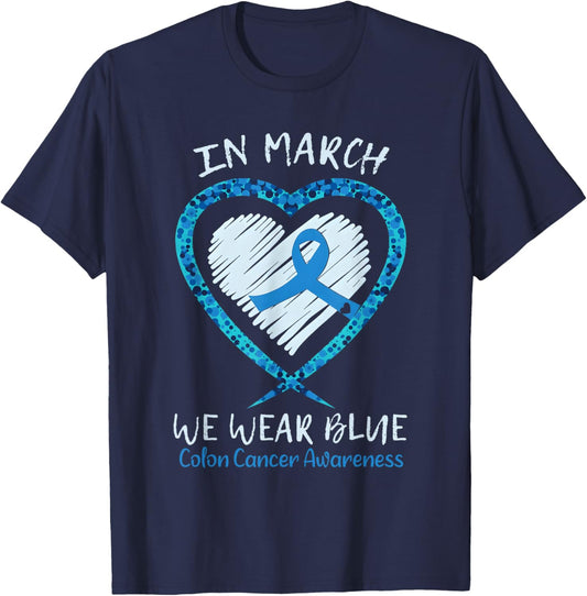 in March We Wear Blue for Colon Cancer Awareness Blue Ribbon T-Shirt - T-Shirt | Navy