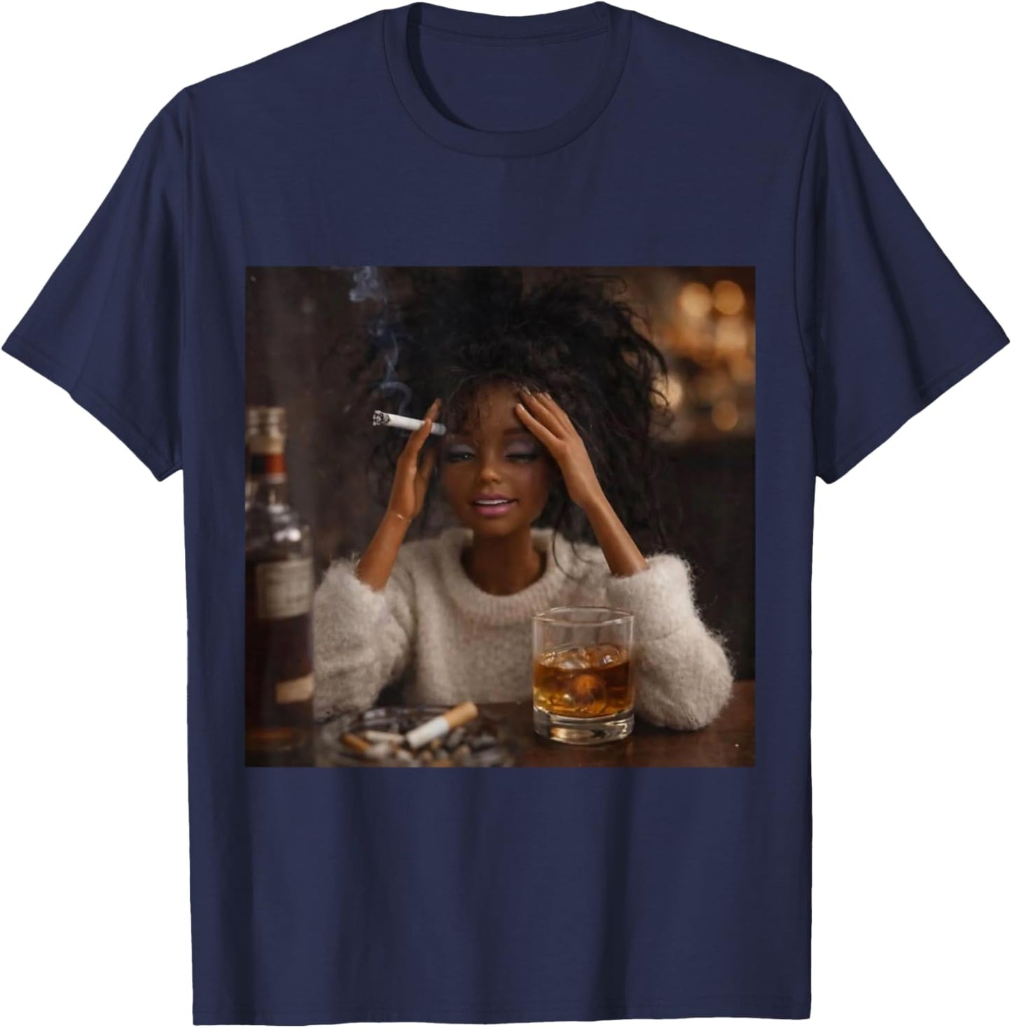 Funny Distressed Doll Face Meme Smoking Sarcastic Humor Gift T-Shirt - T-Shirt | Navy