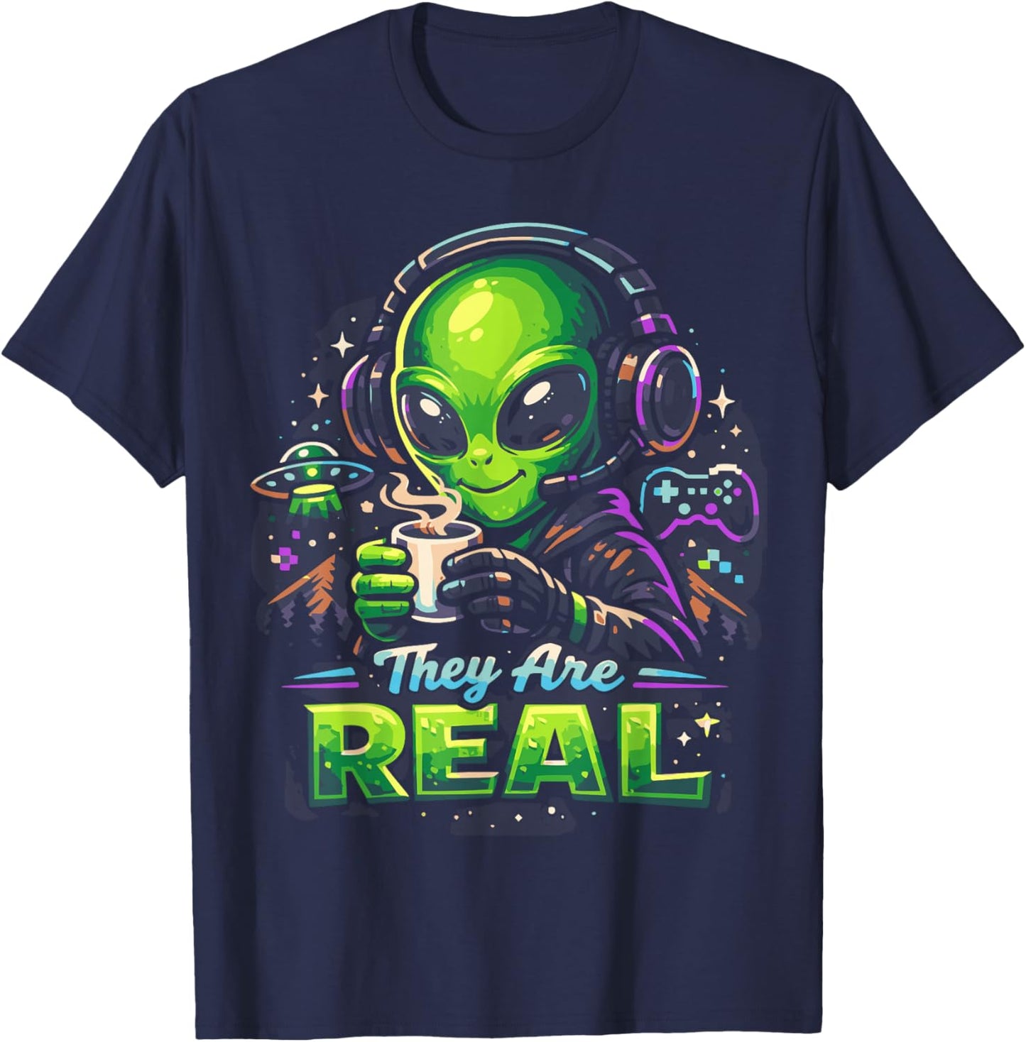 They are Real Alien Gamer Coffee Headset Space Graphic T-Shirt - T-Shirt | Navy