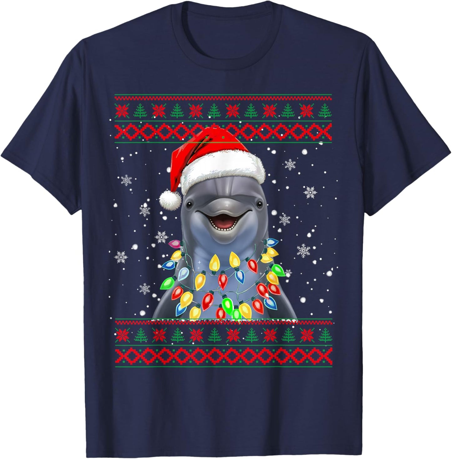 Dolphin Christmas Dolphin Xmas Tree Lights Family Matching T-Shirt - T-Shirt | Navy