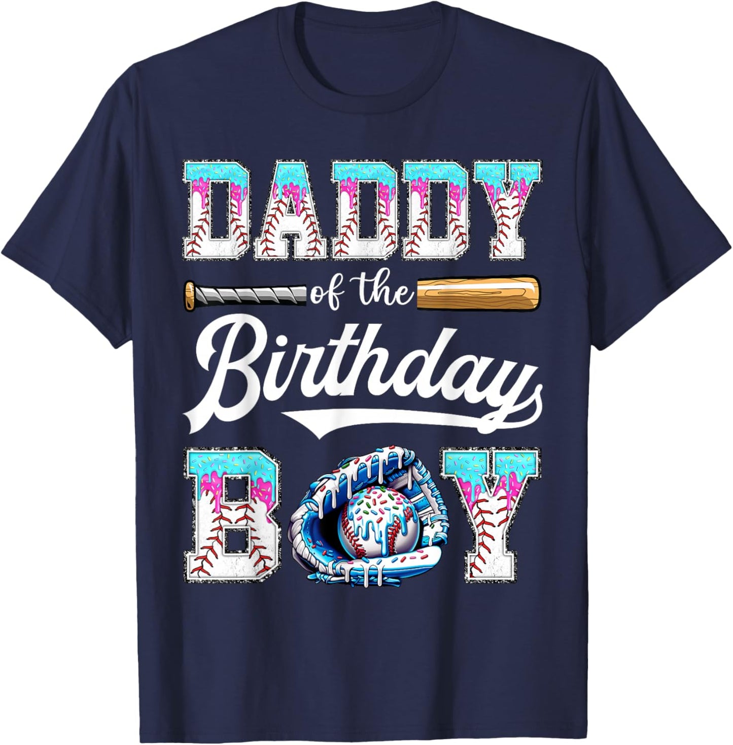 Daddy of The Birthday Boy Baseball Ice Cream Drip Matching T-Shirt - T-Shirt | Navy
